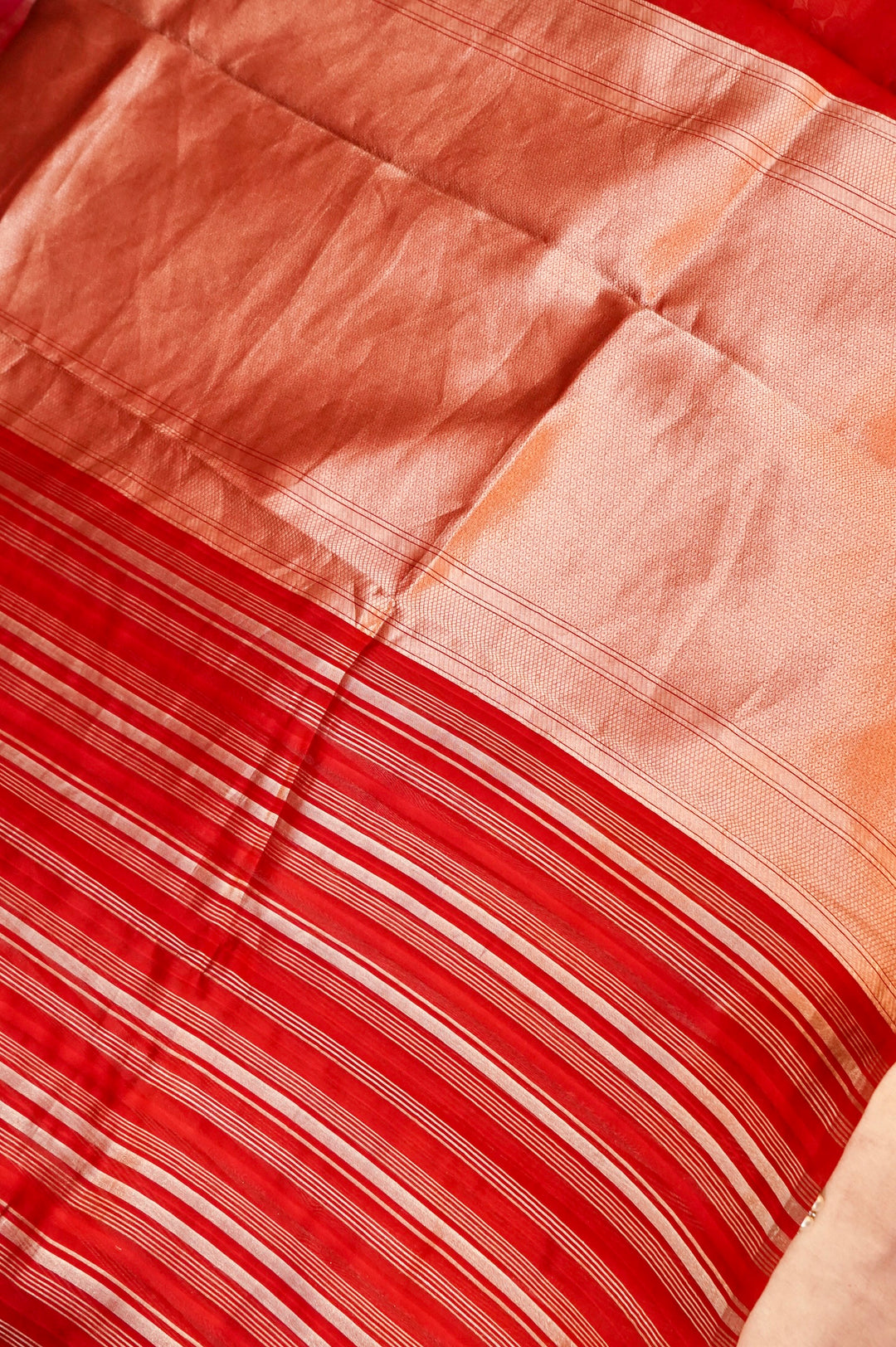 Pure Banarasi Silk Saree with Stripes & Shibori Weaving in Bridal Red