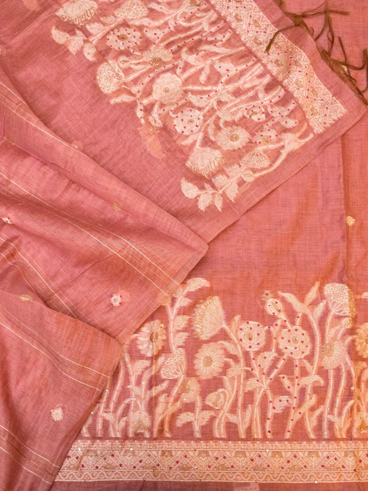 Dusty Rose Banarasi Cotton Jamdani Suit Set with French Knot Thread Embroidery