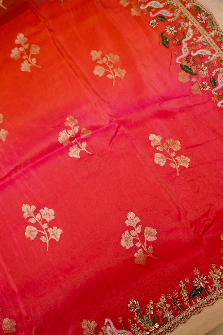Pink and Orange Lehenga Pattern Half Half Tissue Silk Meenakari Embroidery Saree View 2