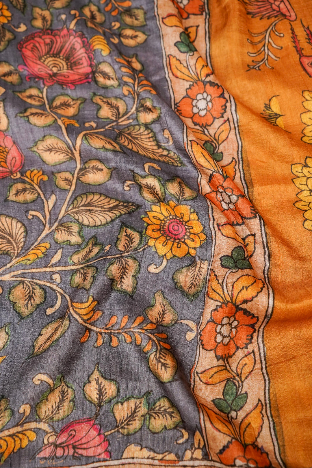 Grey Tussar Silk Saree with Kalamkari Floral Print Body &amp; Animal Motif Pallu