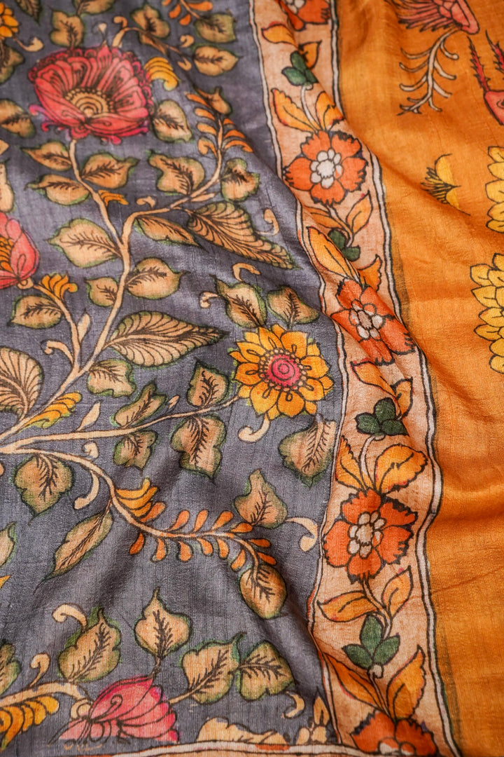 Grey Tussar Silk Saree with Kalamkari Floral Print Body &amp; Animal Motif Pallu