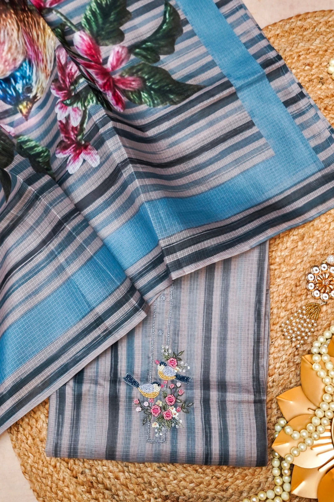 Multicolor Pure Kota Suit Set with Pearl Embroidered Neckline View 1