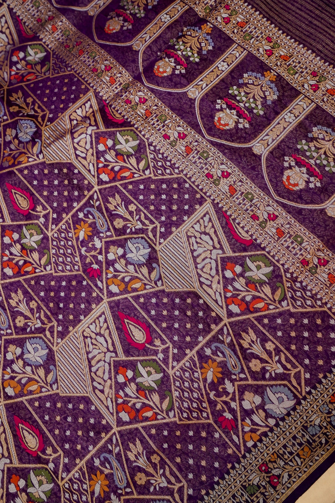 Handwoven Banarasi Pure Katan Silk Purple Jamdani Pattern Saree View 2