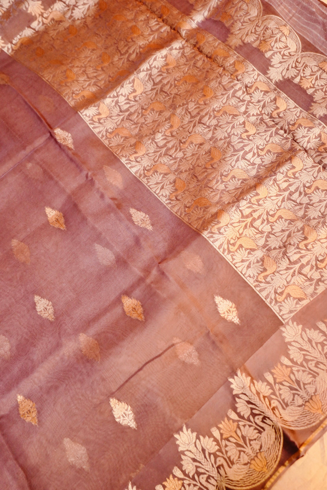 Elegant Dusty Rose Sonaroopa Muslin Organza Wedding Saree Designer Collection