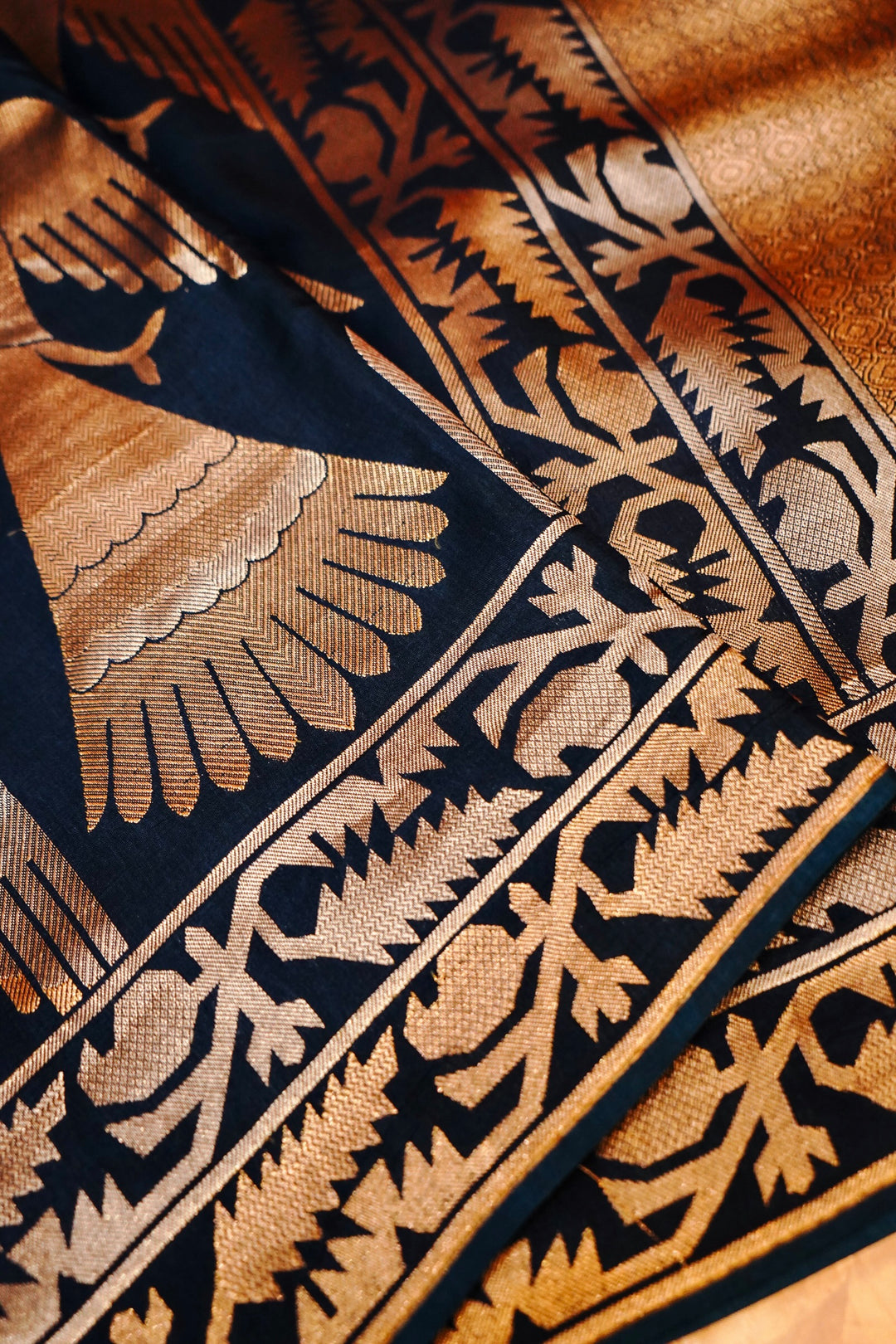 Majestic Navy Blue Nita Ambani Inspired Munga Crepe Birds Motif Saree