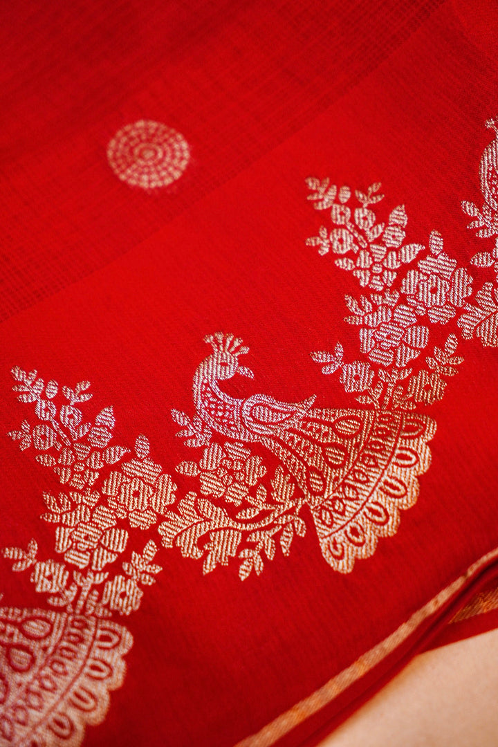 Red Bridal Kota Check Saree with Figure Motif Silk Border