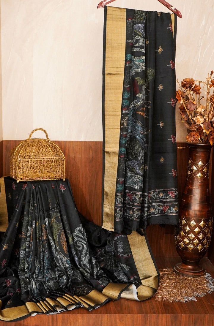 Black Tussar Silk Saree with Ajrak Animal Motif &amp; Meenakari Bootidar Weaving