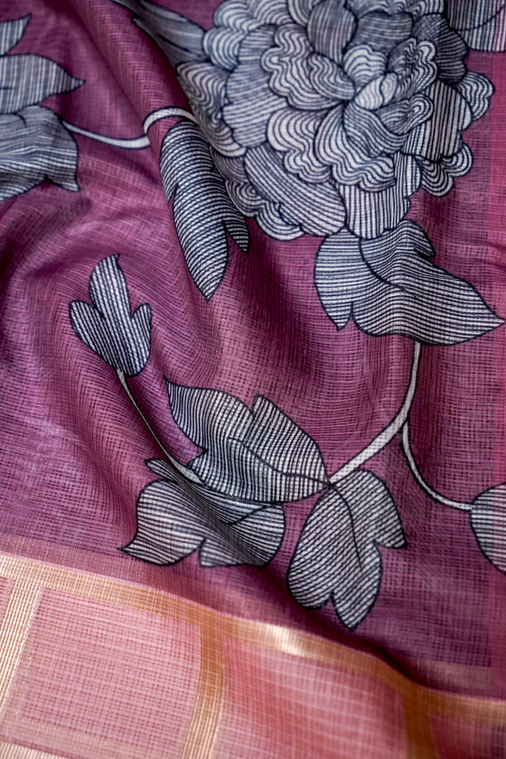 Mauve Pink Kota Check Saree with Printed Body and Zari Weave Check Border View 4