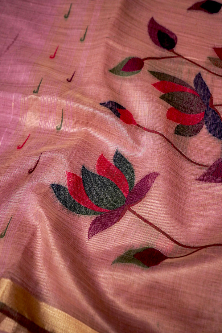 Elegant Pink Cotton Silk Saree with Zari Stripe Weave Paithani Pallu View 3