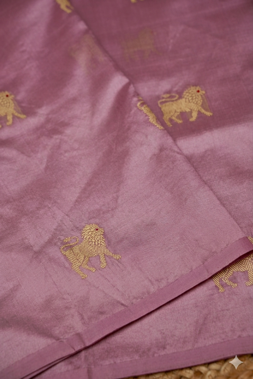 Regal Handwoven Banarasi Pure Mauve Puna Silk Saree with Zari Lion Motif