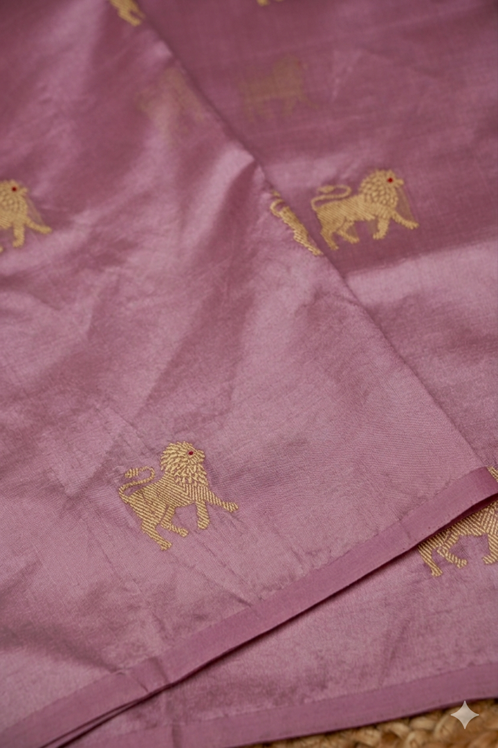 Regal Handwoven Banarasi Pure Mauve Puna Silk Saree with Zari Lion Motif