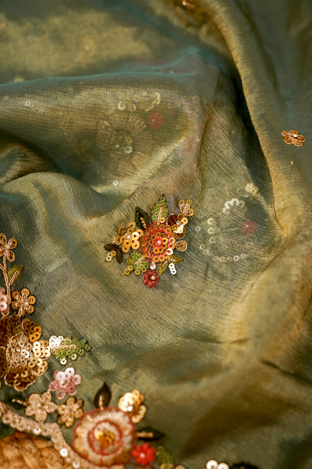Sage Green Designer Tissue Silk Saree with Pichwai Lotus Embroidery View 5