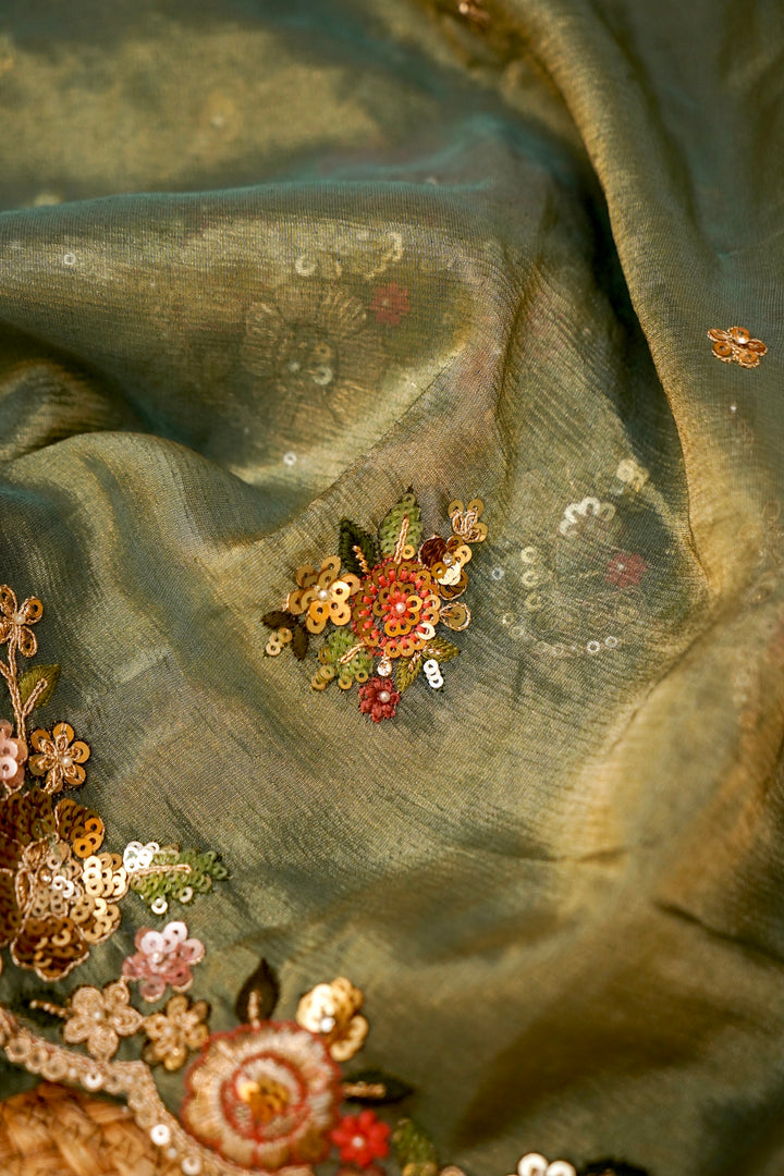 Sage Green Designer Tissue Silk Saree with Pichwai Lotus Embroidery View 5