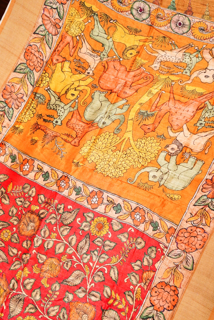 Bright Red Tussar Silk Saree with Kalamkari Floral Print
