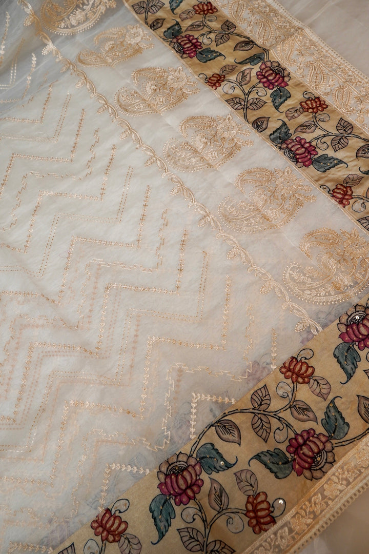 Pure White Organza Saree with Kalamkari Border & Katha-Resham Embroidery