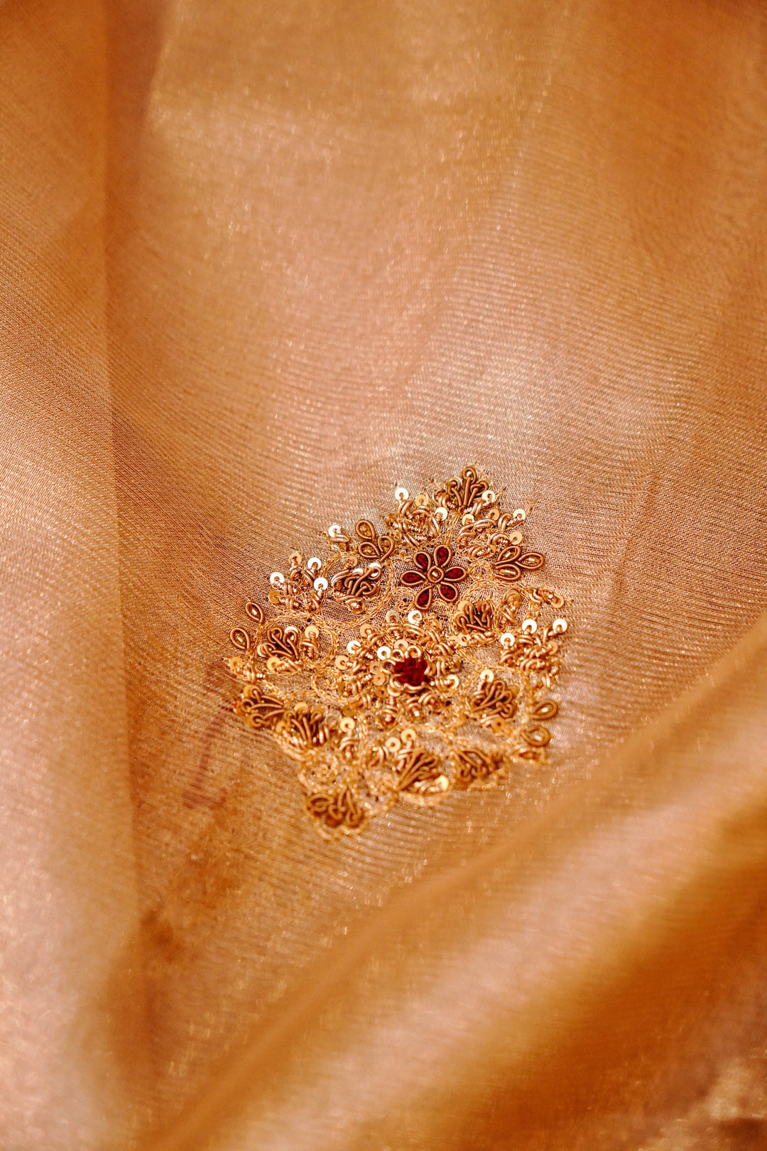 Luxurious Rose Gold Pure Tissue Saree with Antique Zardozi Embroidery