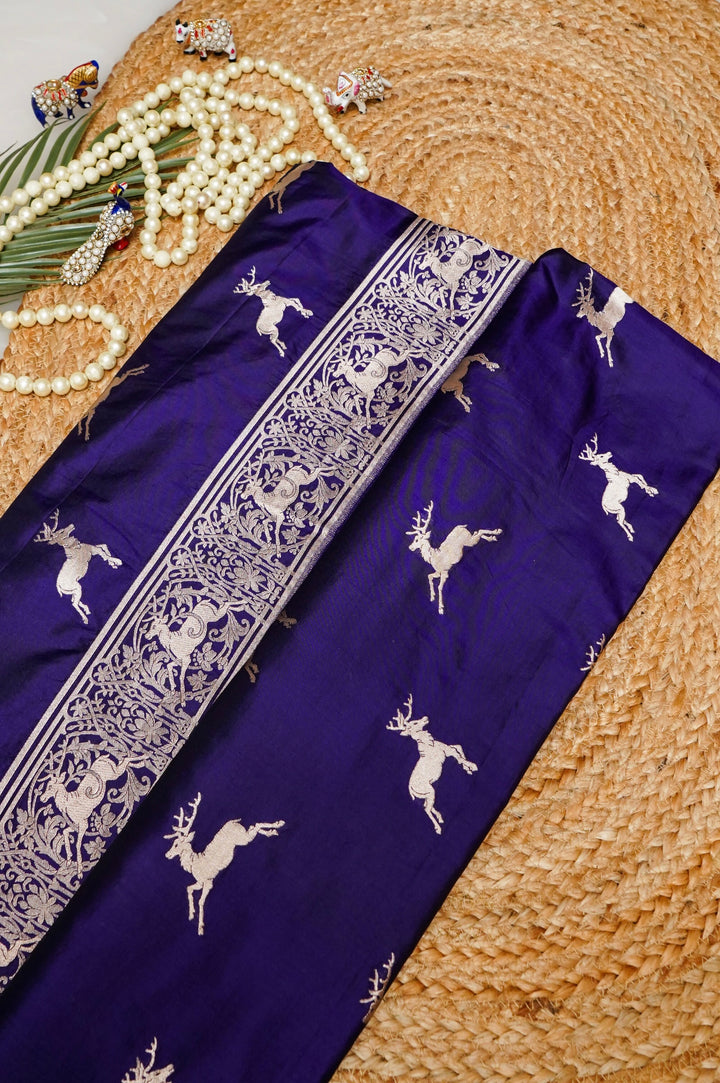 Navy Blue Handwoven Banarasi Pure Katan Silk Deer Motif Saree