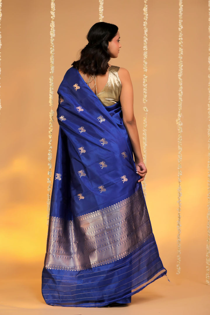 banarasi handloom blue pure mashru silk lion motif saree back view