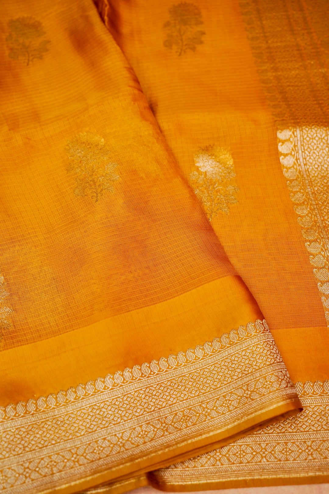Banarasi Mustard Yellow Kota Check Saree Zari Floral Motifs with Classic Checks