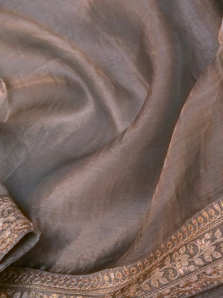 Silver Grey Pure Katan Tissue Saree with Pitta Zari Sequin Border and Heavy Embroidered Georgette Blouse View 4