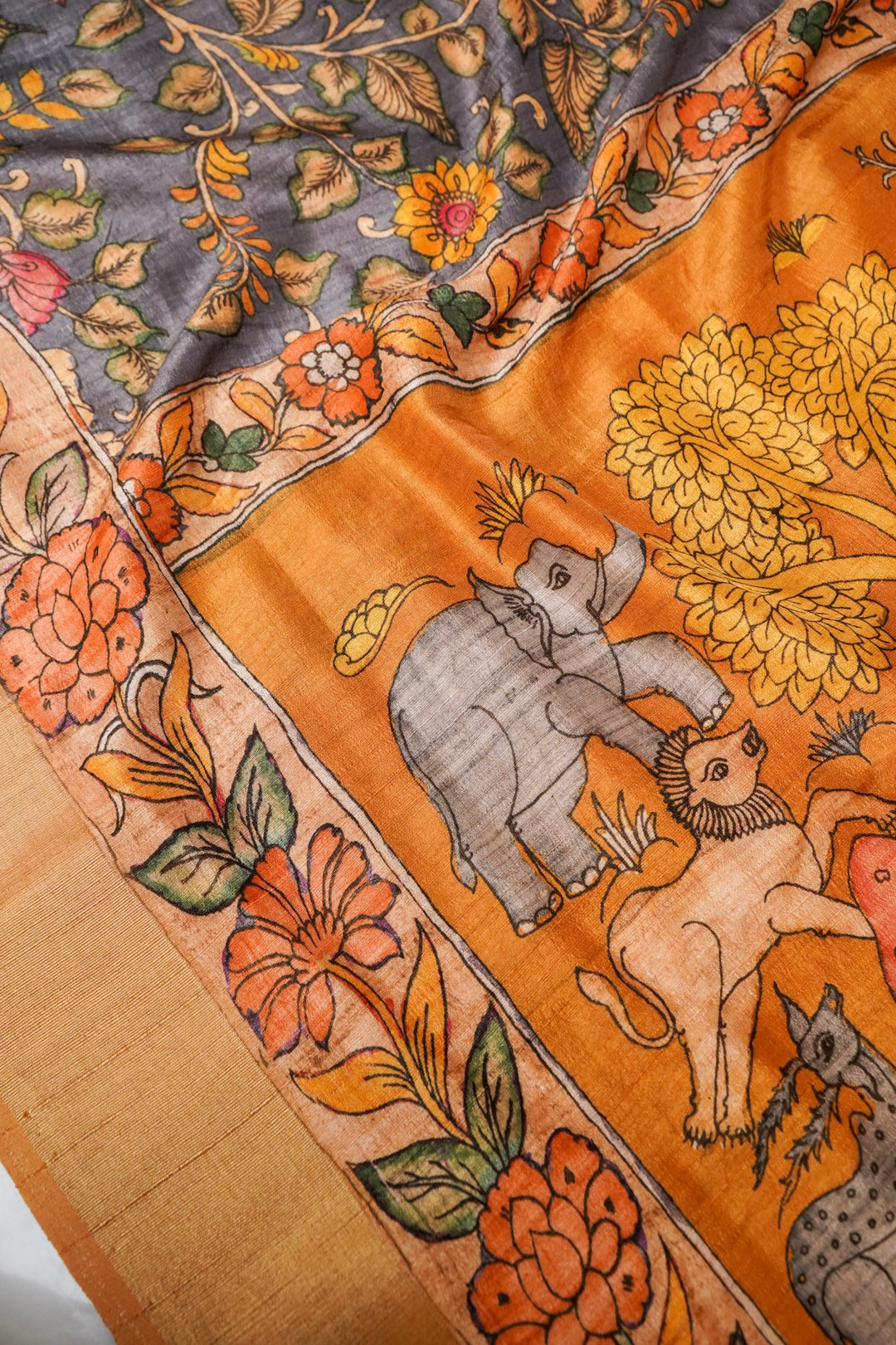 Grey Tussar Silk Saree with Kalamkari Floral Print Body &amp; Animal Motif Pallu