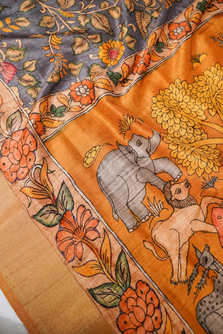 Grey Tussar Silk Saree with Kalamkari Floral Print Body &amp; Animal Motif Pallu
