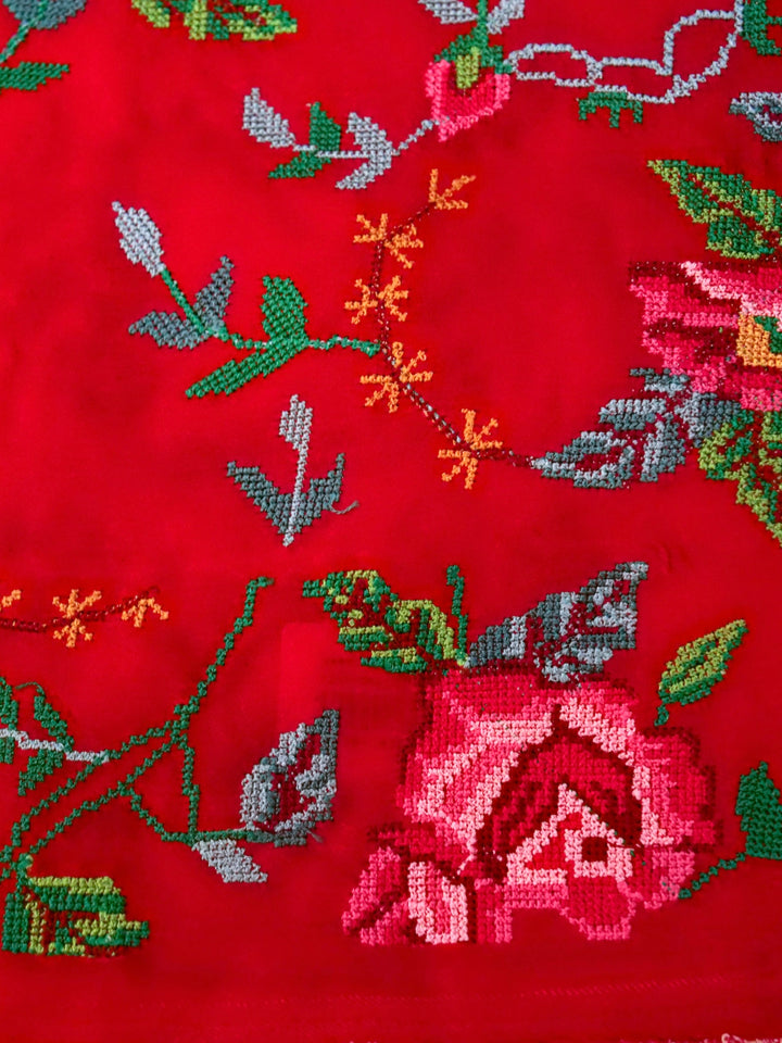 Handwoven Bridal Red Pure Silk Saree with Tissue Stripes Cross Stitch Hand Embroidery Border View 6