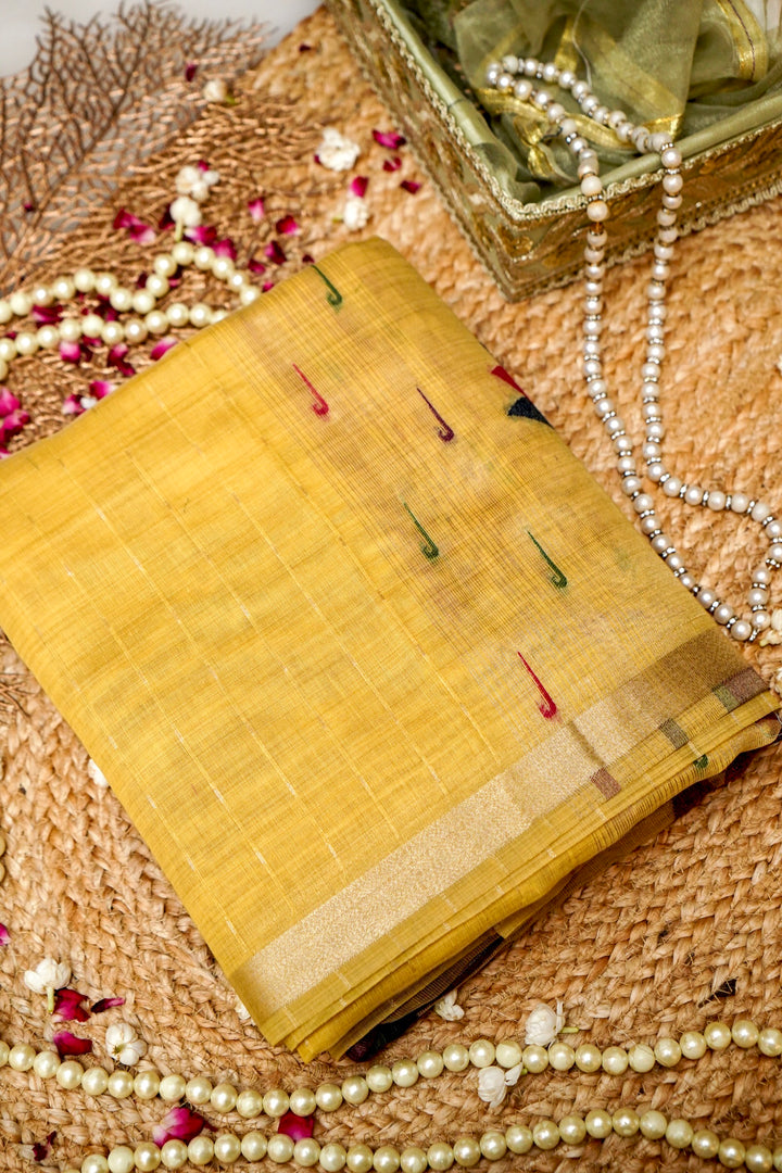 Radiant Yellow Cotton Silk Haldi Saree with Zari Stripe Weave Paithani Pallu View 1