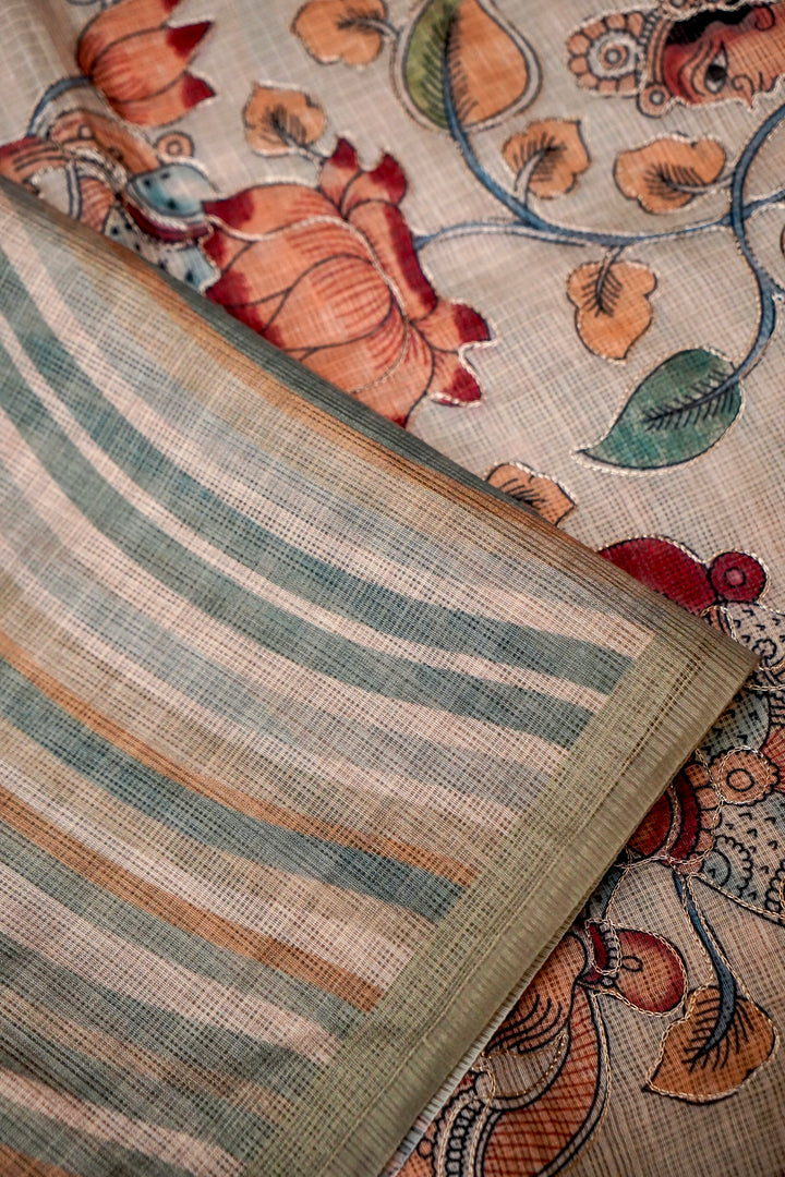 Festive Kota Check Saree with Aari Tari Detailing Pichwai Kalamkari Border View 3