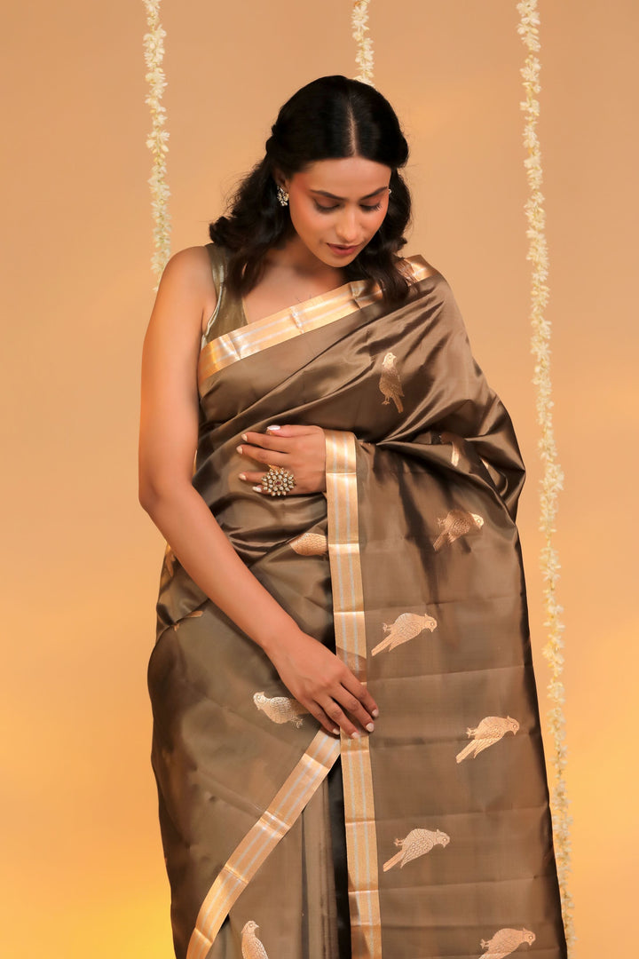 handwoven banarasi stone brown pure mashru silk birds saree closeup view 1