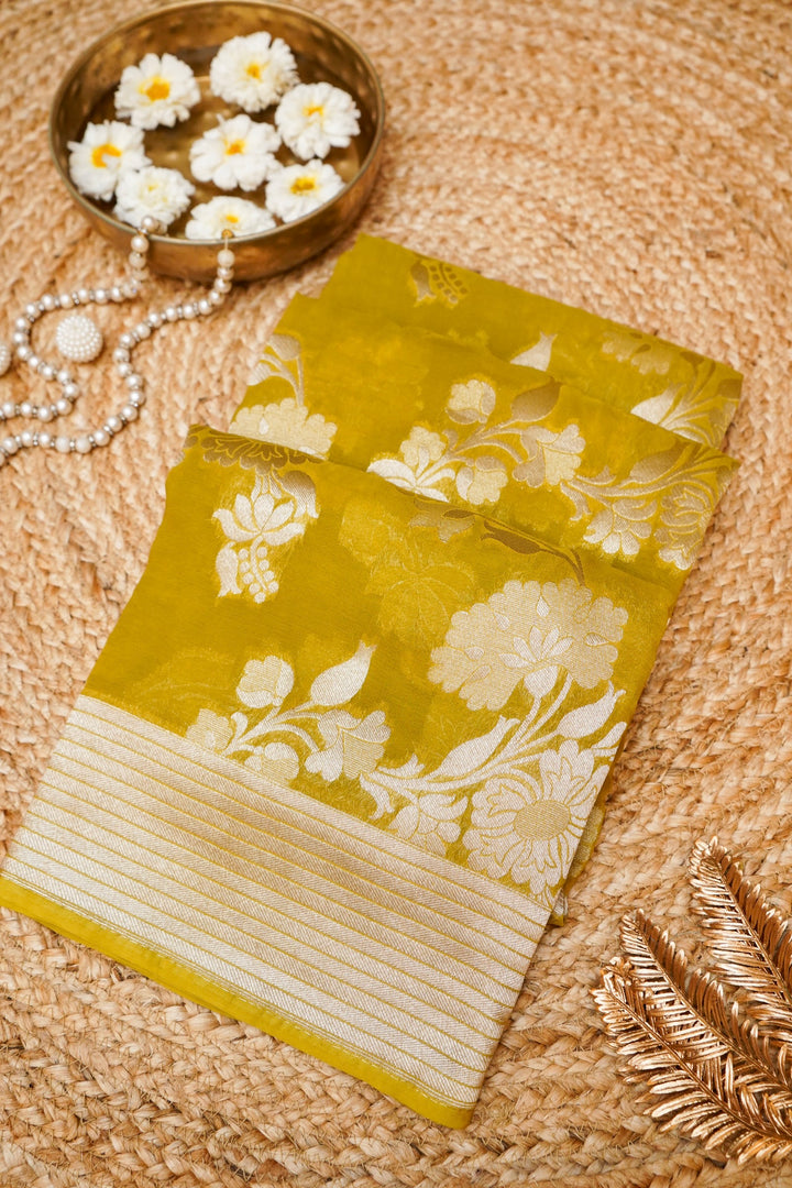 Mustard Pure Georgette Saree with Zari Weave Jangla Design