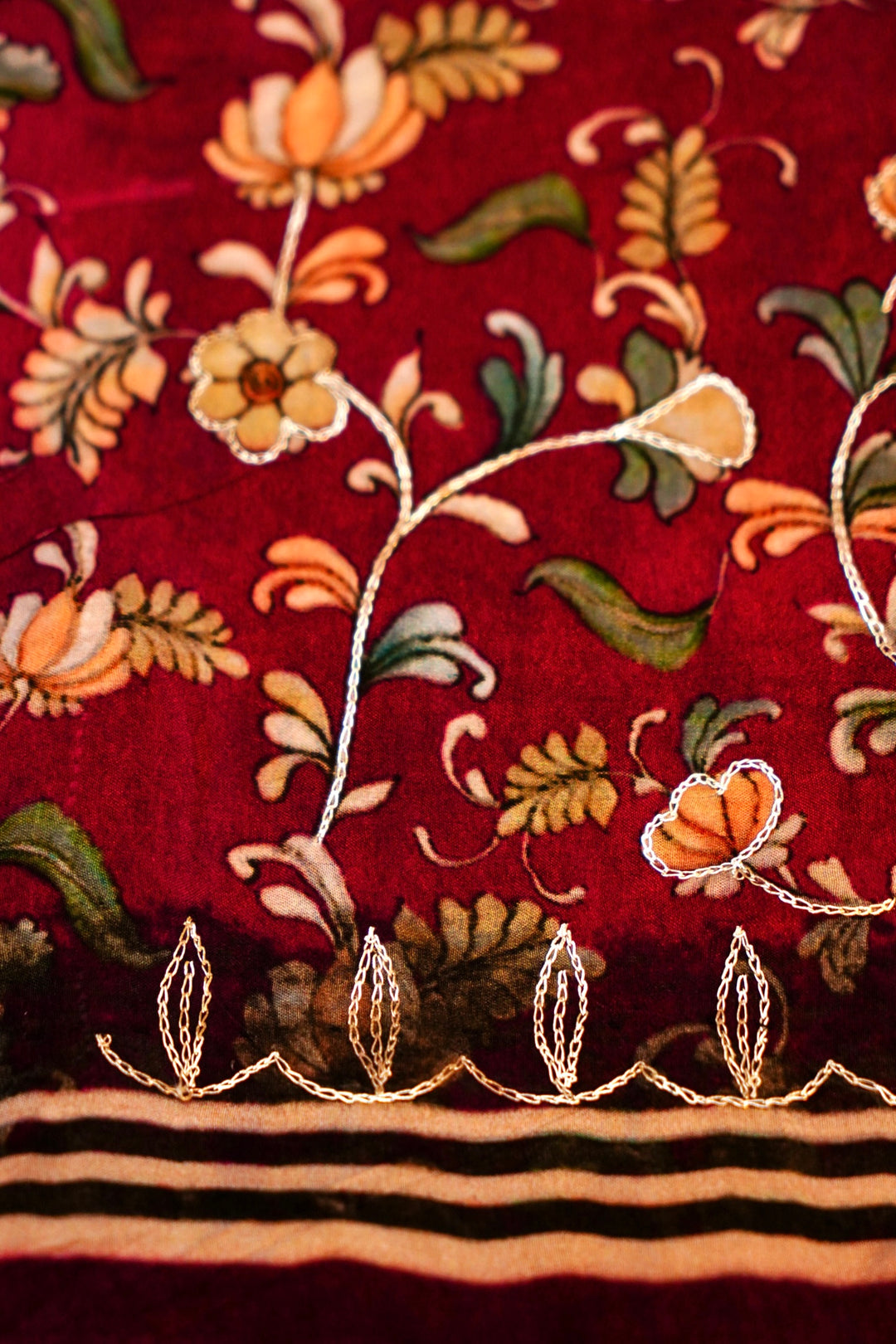 Maroon Crepe Silk Saree with Printed Floral Body
