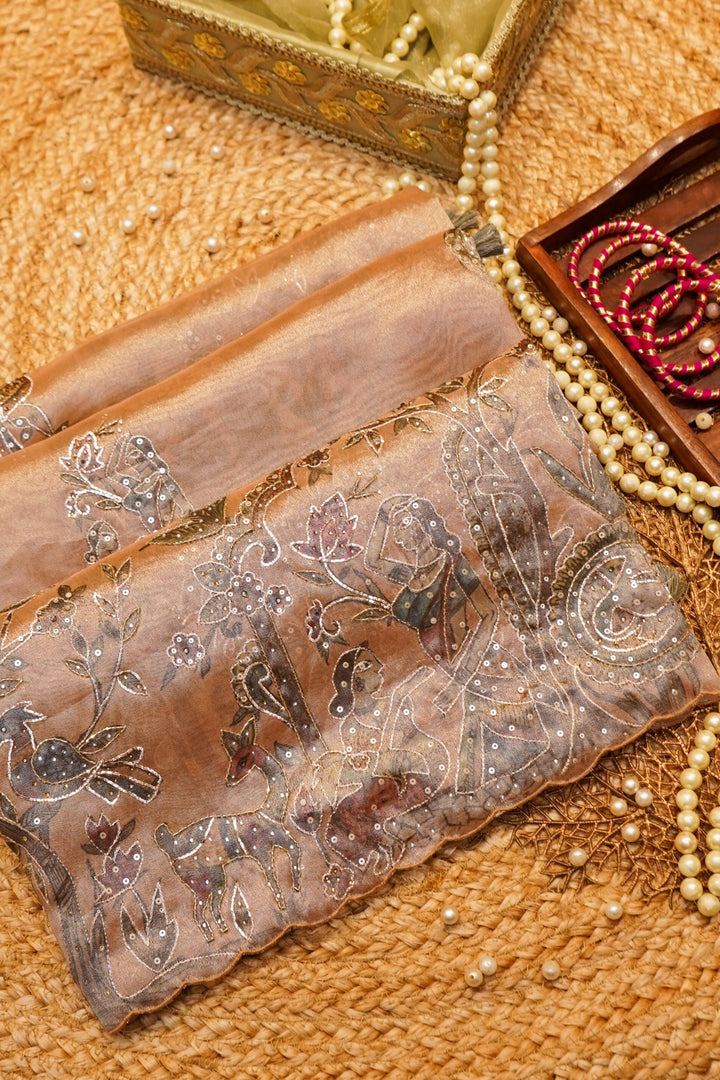 Peach Gold Soft Tissue Silk Aari Tari Saree Elegant Festive Glow