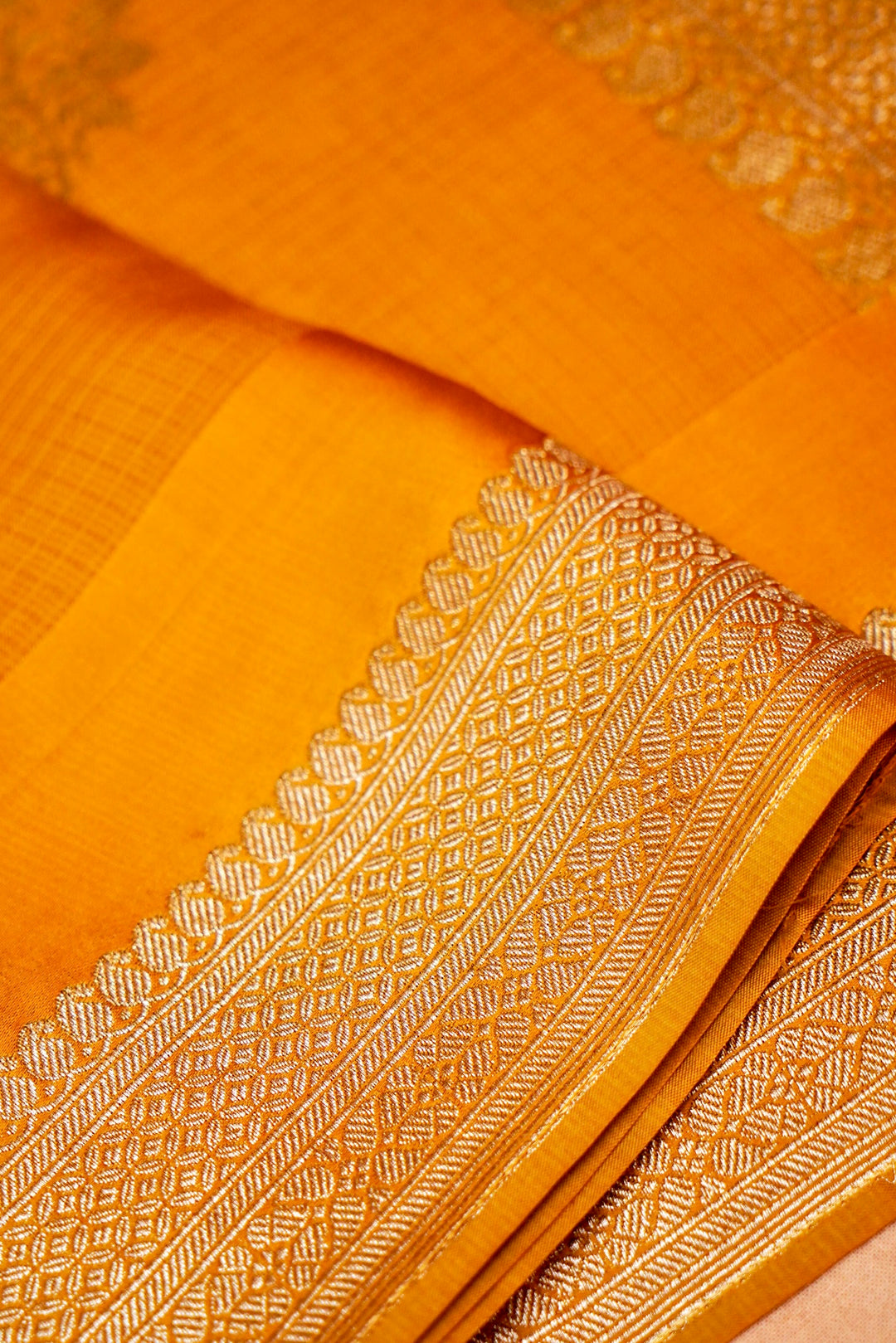 Banarasi Mustard Yellow Kota Check Saree Zari Floral Motifs with Classic Checks