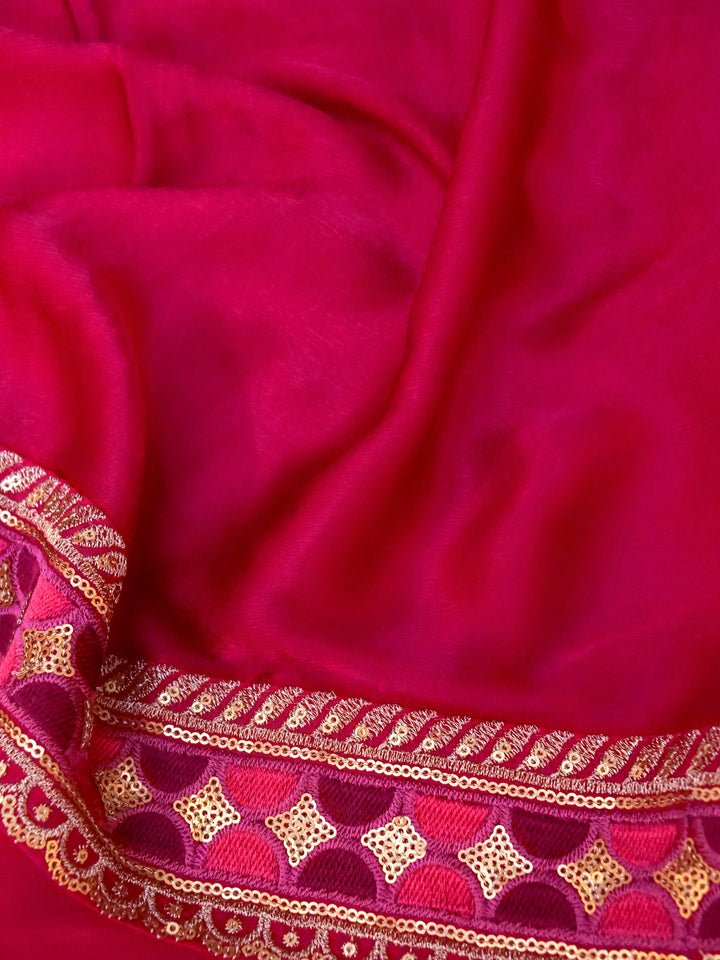 Pink Sabyasachi Inspired Textured Pure Crepe Saree with Designer Border Heavy Embroidered Silk Blouse View 4
