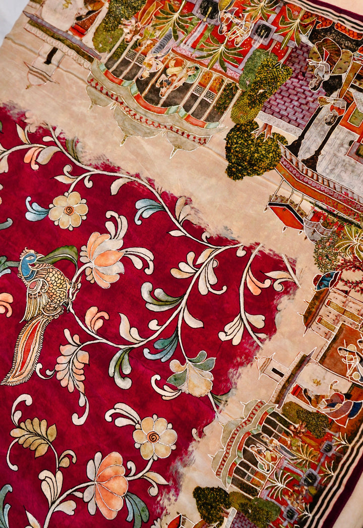 Maroon Crepe Silk Saree with Printed Floral Body
