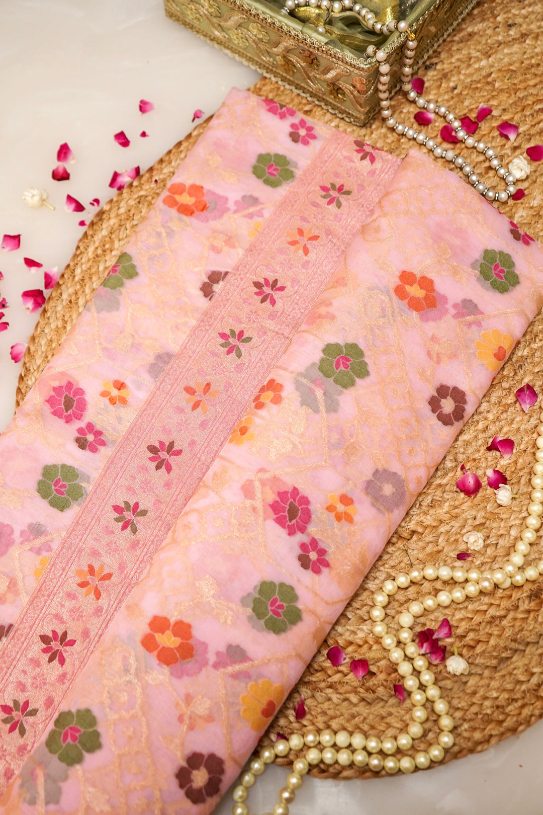 Handwoven Banarasi Baby Pink Pure Kora Silk Jamdani Saree with Contrast Border Pallu View 1