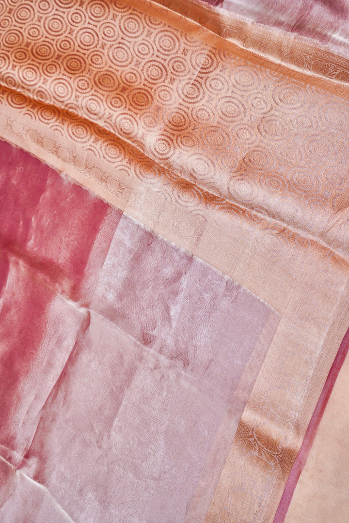 Grace in Bloom Pink Handwoven Copper Gold Tissue Silk Saree with Ornate Zari Border & Pallu