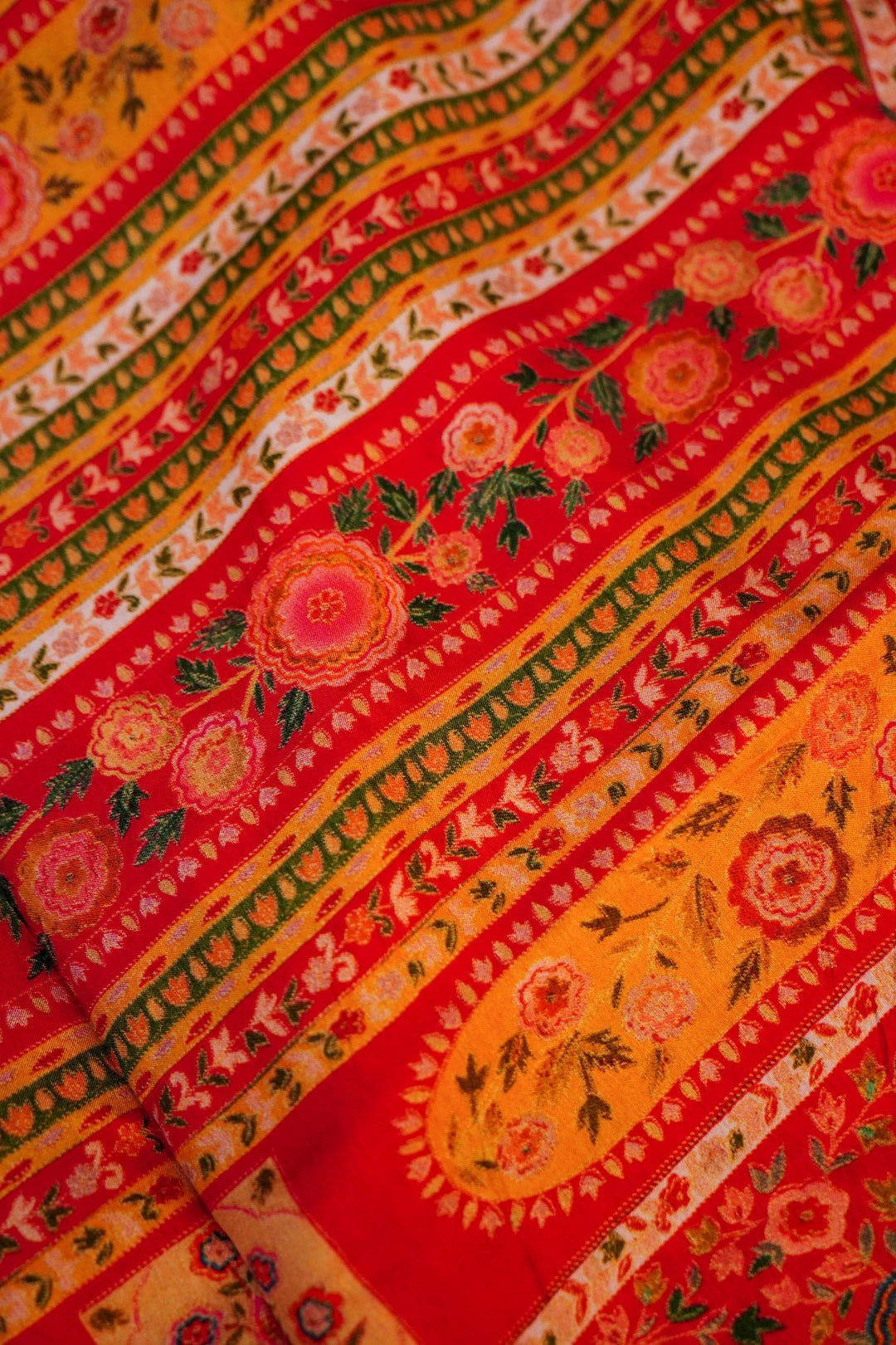 Red Crepe Silk Saree with Multicolor Print, Zari Weave Border and Pallu