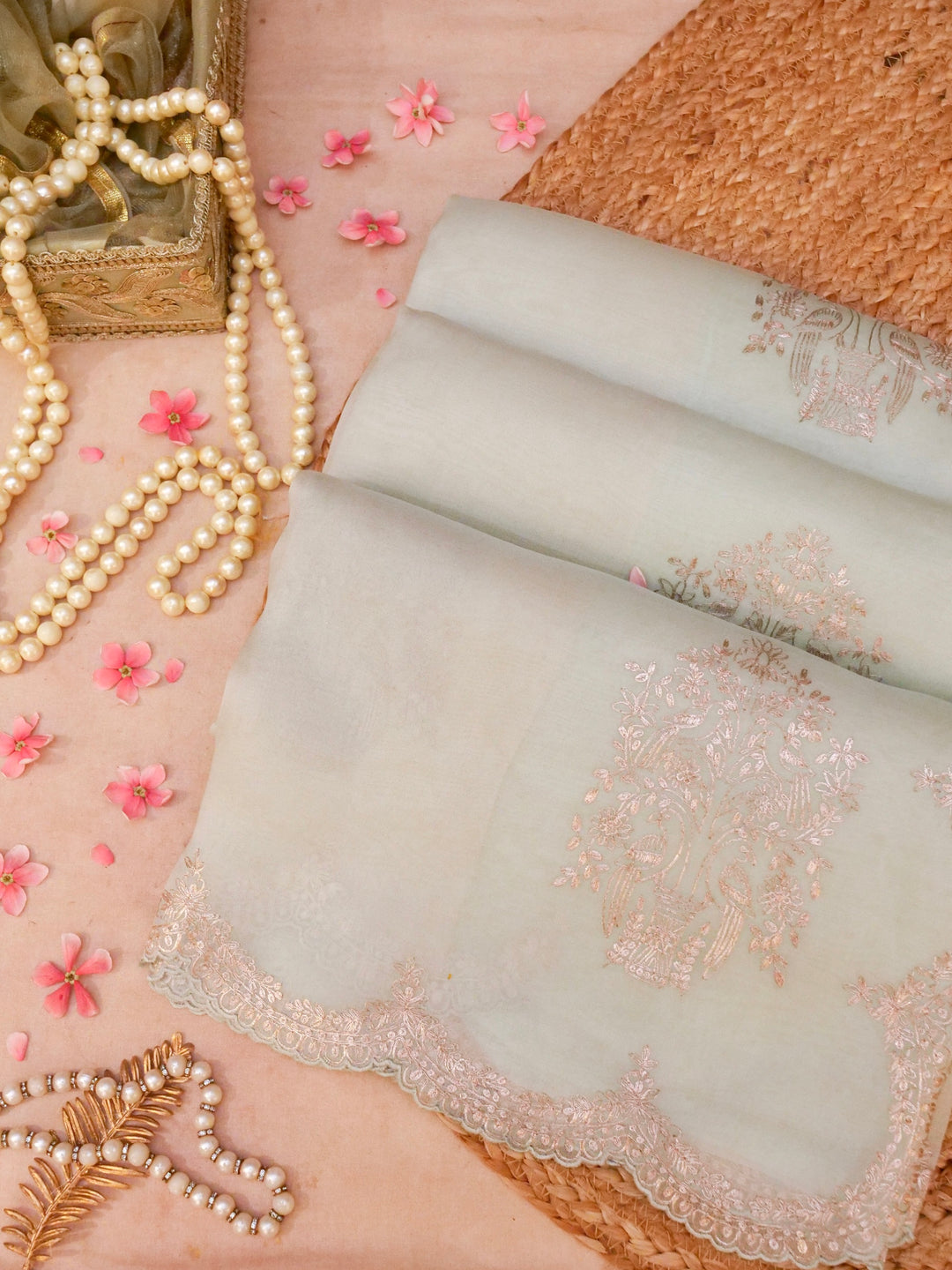 Powder Blue Pure Handloom Organza Saree with Pitta Zari Embroidery Border Handloom Brocade Blouse View 1