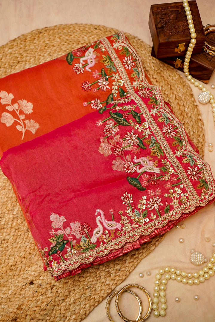 Pink and Orange Lehenga Pattern Half Half Tissue Silk Meenakari Embroidery Saree View 1