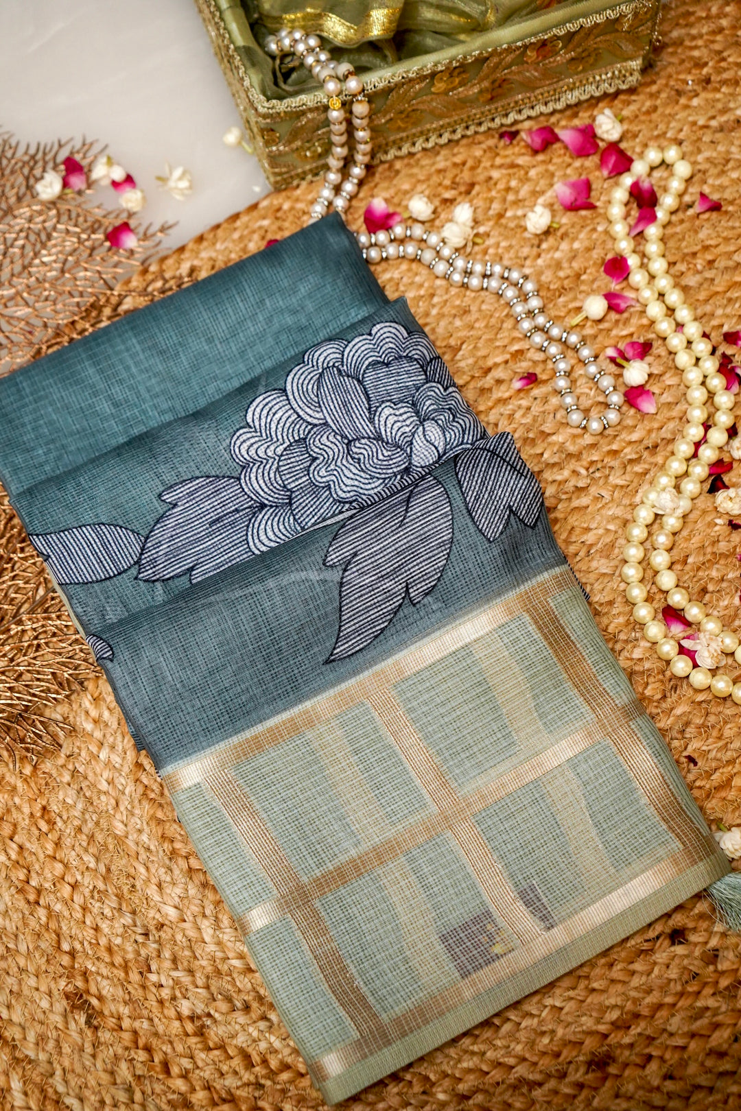 Teal Green Kota Check Saree with Printed Body and Zari Weave Check Border View 1