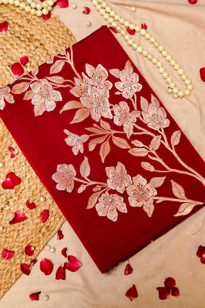 Red Satin Silk Raw Mango Inspired Cord Set with Sona Rupa Zari Weave View 1