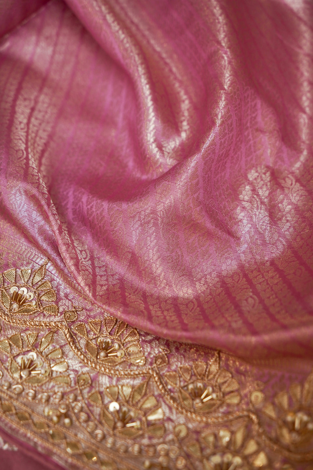 Baby Pink Designer Banarasi Brocade Tissue Saree with Hand Embroidery