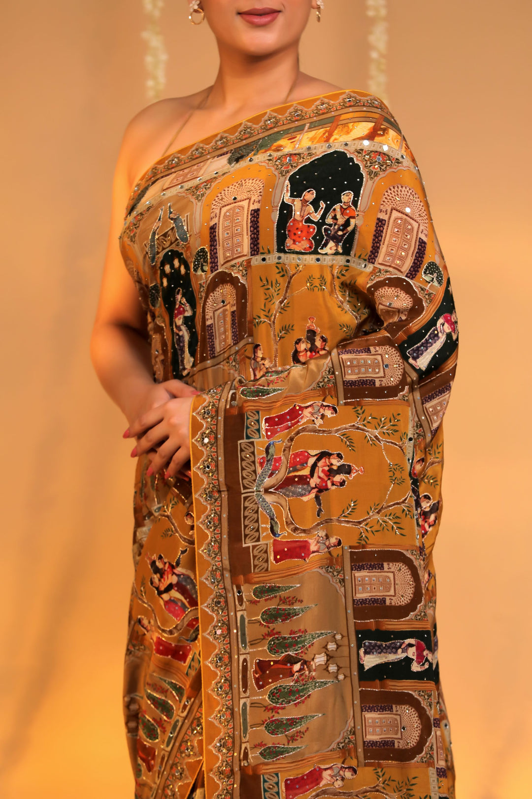 mustard yellow designer crepe silk katha embroider figure motif haldi wear saree closup view 2