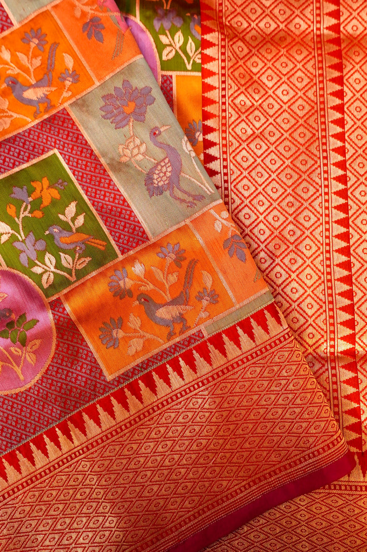 Handwoven Rangkat Banarasi Pure Katan Silk Birds Motif Saree