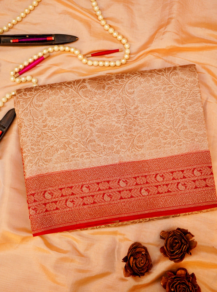 Handwoven Banarasi Pure Cream Chanderi Silk Saree with Red Contrast Border