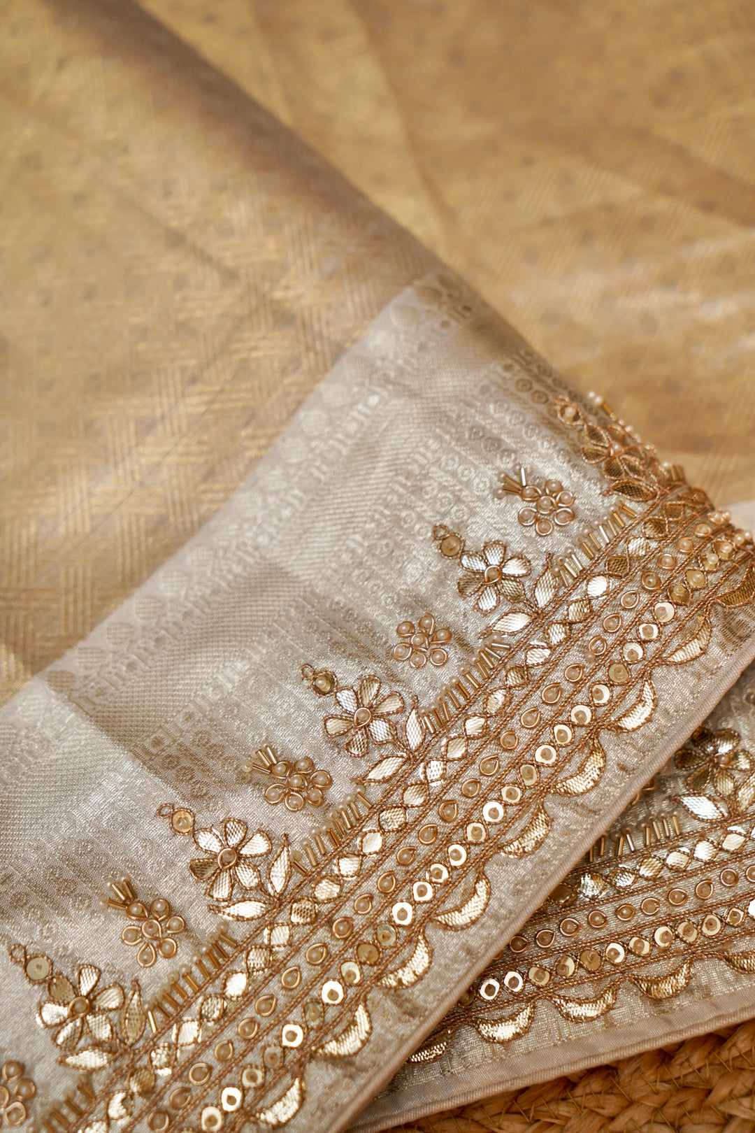 Beige Gold Designer Banarasi Brocade Tissue Silk Saree with Hand Embroidery