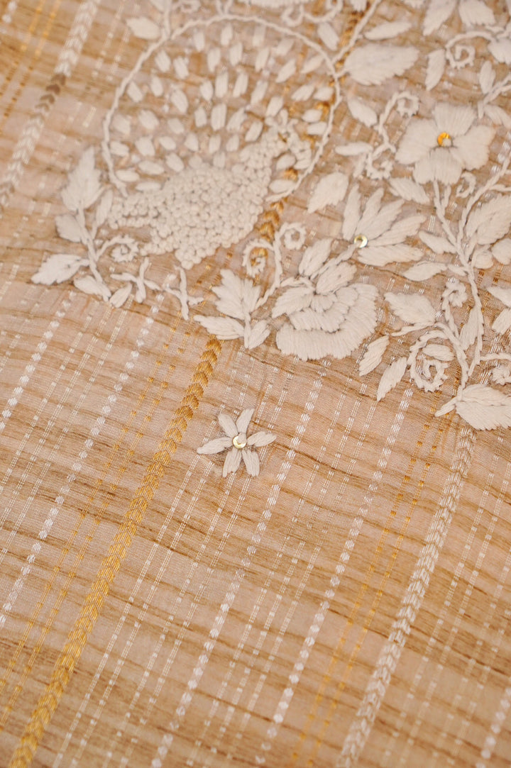 Unstitched Designer Beige Gold Tussar Silk Suit with French Knot Thread Embroidery