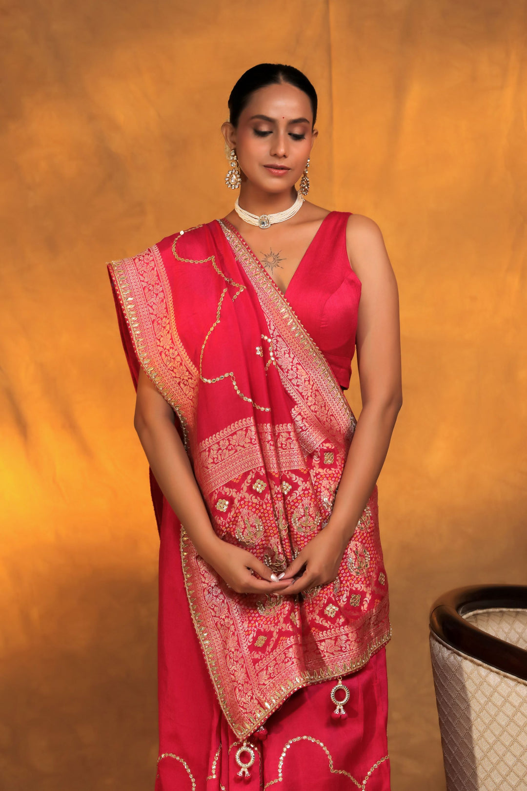pink silk blend handwork gotta patti bridal saree closeup view 1